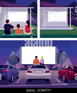 Weekend movie night semi flat vector illustration set. Couple on drive in romantic date. Parents watch film on projection with son. Family 2D cartoon Stock Vector