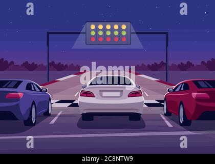 Car race semi flat vector illustration. Contemporary speedway at night. Fast auto. Highway with vehicles to compete. Finish line for championship 2D c Stock Vector