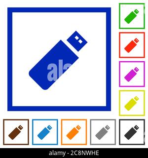 Set of color square framed pendrive flat icons on white background Stock Vector