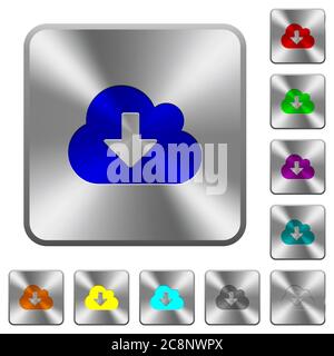 Engraved cloud download icons on rounded square steel buttons Stock Vector