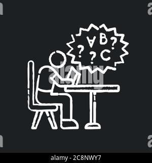 Dyslexia chalk white icon on black background. Difficulty with reading book. Child with problem in education. Struggle with studying. Inclusive school Stock Vector