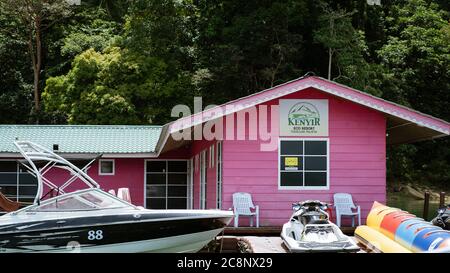 Kenyir, Malaysia - July 22, 2020: Kenyir Eco Resort Water Chalet, the first floating resort in Kenyir Lake, Terengganu. Stock Photo