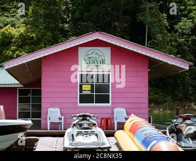 Kenyir, Malaysia - July 22, 2020: Kenyir Eco Resort Water Chalet, the first floating resort in Kenyir Lake, Terengganu. Stock Photo