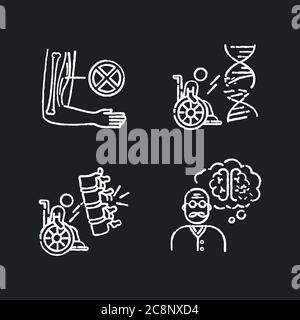 Disability chalk white icons set on black background. Muscular dystrophy. Chronic genetic disease. Paralyzed patient in wheelchair. Aging man with dem Stock Vector