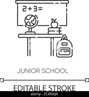 Junior school pixel perfect linear icon. Primary education establishment, studying basic sciences thin line customizable illustration. Contour symbol. Stock Vector