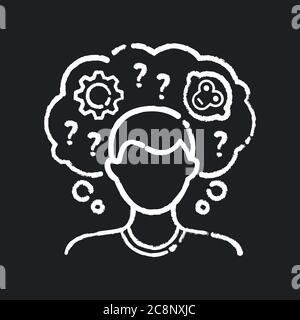Intellectual disability chalk white icon on black background. Person with short term memory loss. Think in confusion. Chronic disease. Mental problem. Stock Vector