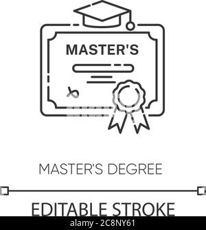 Masters degree pixel perfect linear icon. Higher education thin line customizable illustration. Contour symbol. Graduation certificate vector isolated Stock Vector