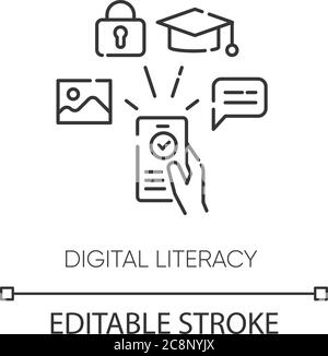 Digital literacy pixel perfect linear icon. Modern education with smartphone. E learning thin line customizable illustration. Contour symbol. Vector i Stock Vector