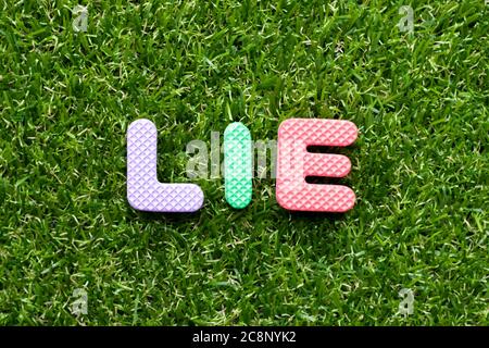 Toy foam letter in word lie on green grass background Stock Photo