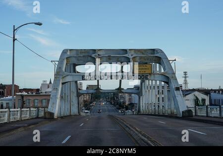 The Edmund Pettus Bridge is shown in Selma, Alabama on Sunday, July 26, 2020. The bridge was built in 1940 and named after Edmund Pettus, who was a former Confederate officer, U.S. Senator, and Grand Dragon of the Alabama Ku Klux Klan. Some want the bridge renamed. Today, the body of Congressman John Lewis will make a final crossing of the bridge where in 1965 Lewis led a voting rights march to be met by Alabama police and the KKK with clubs that fractured his skull. Lewis died on July 17, 2020 at the age of 80. Photo by Jemal Countess/UPI Stock Photo