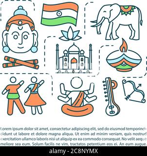 Indian holidays concept icon with text. Traditional symbols of India. Ancient and cultural symbols. PPT page vector template. Brochure, magazine, book Stock Vector