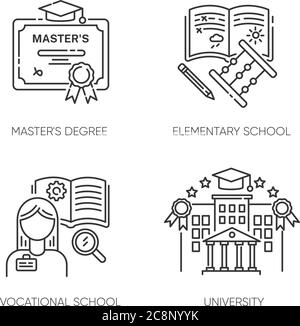 Primary and higher education pixel perfect linear icons set. Diploma, elementary school, university Customizable thin line contour symbols. Isolated v Stock Vector