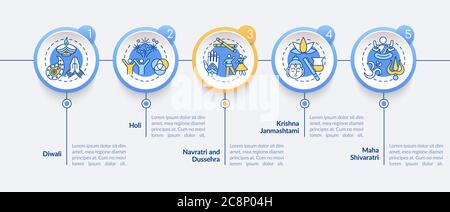 Top Hindu festivals vector infographic template. Public holidays in India. Presentation design elements. Data visualization with 5 steps. Process time Stock Vector