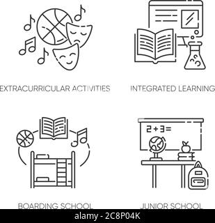 Primary education pixel perfect linear icons set. Junior school, private boarding school Customizable thin line contour symbols. Isolated vector outli Stock Vector