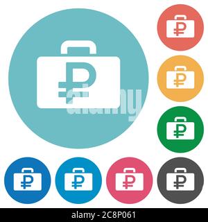 Flat ruble bag icon set on round color background. Stock Vector