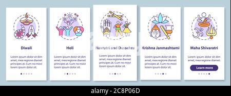 Top Hindu festivals onboarding mobile app page screen with concepts. Krishna Janmashtami. Navratri. Dussehra. Walkthrough 5 steps graphic instructions Stock Vector