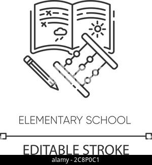 Elementary school pixel perfect linear icon. Primary education thin line customizable illustration. Contour symbol. Junior year student equipment. Vec Stock Vector