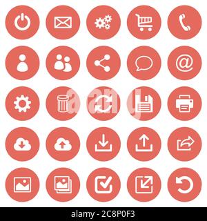 Set of 25 flat web icons on red round background Stock Vector
