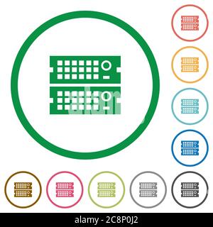 Set of rack servers color round outlined flat icons on white background Stock Vector