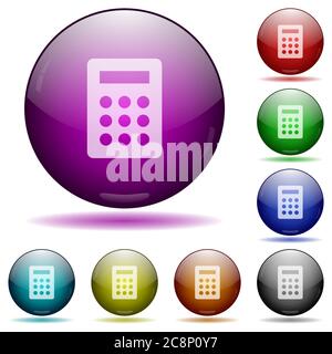 Set of color calculator glass sphere buttons with shadows. Stock Vector