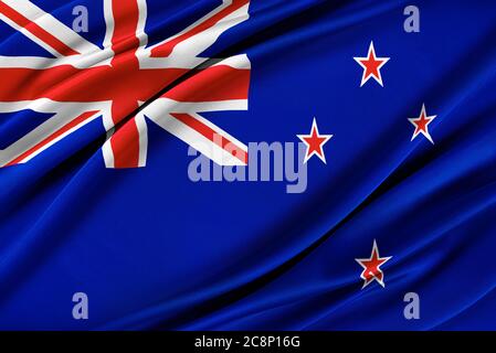 Colorful New Zealand flag waving in the wind. Stock Photo