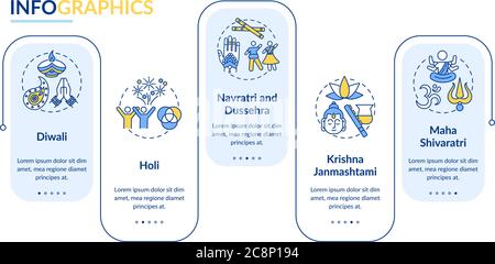Top Hindu festivals vector infographic template. Navratri, and Dussehra. Presentation design elements. Data visualization with 5 steps. Process timeli Stock Vector