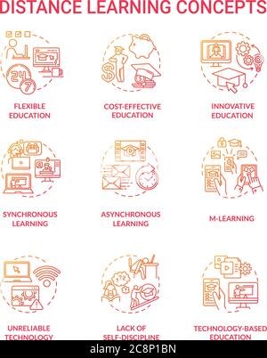 Distance learning concept icons set. Flexible education. Technology based education. E learning. Remote learning environment idea thin line RGB color Stock Vector