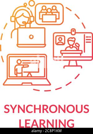 Synchronous learning concept icon. Technologies in education. Hybrid learning. Web conferencing. Distance education idea thin line illustration. Vecto Stock Vector
