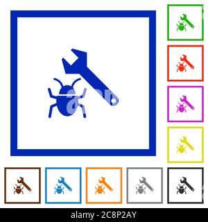 Set of color square framed bug fixing flat icons on white background Stock Vector