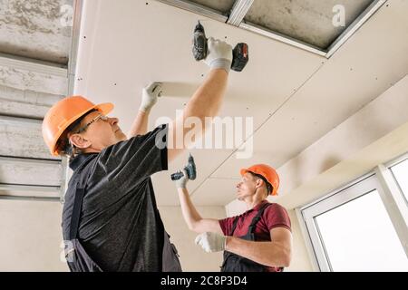 Installation of drywall. Workers are using screws and a screwdriver to attach plasterboard to the ceiling. Stock Photo