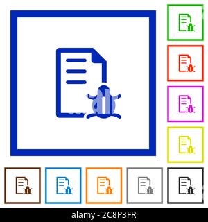 Set of color square framed Bug report flat icons on white background Stock Vector