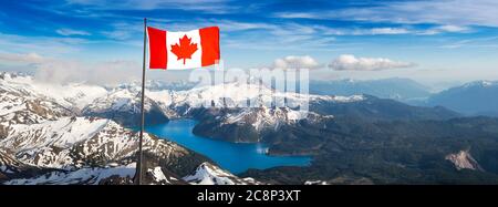 Canadian National Flag Overlay. Aerial Panoramic View of Garibaldi surrounded by Beautiful Canadian Mountain Stock Photo