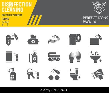 Disinfection glyph icon set, cleaning symbols collection, vector sketches, logo illustrations, hygiene icons, antibacterial cleaning signs solid Stock Vector