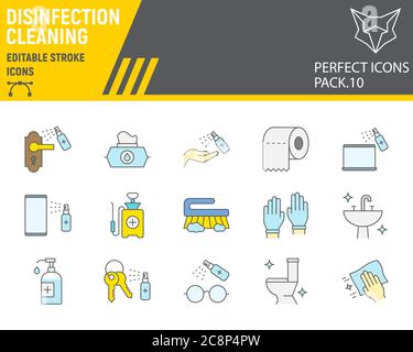 Disinfection color line icon set, cleaning symbols collection, vector sketches, logo illustrations, hygiene icons, antibacterial cleaning signs filled Stock Vector