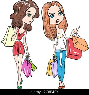 Vector cute fashion girls with shopping bags Stock Vector