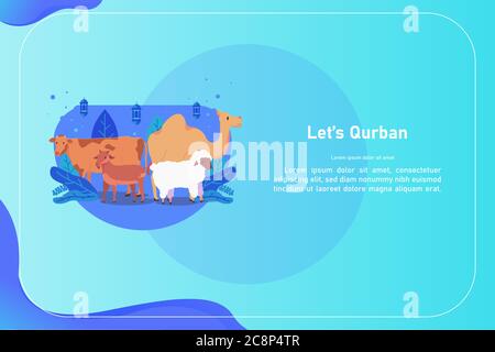 Eid Al Adha Mubarak Greeting With Camel, Cattle, Goat And sheep character Premium Vector Stock Vector