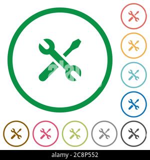 Set of tools color round outlined flat icons on white background Stock ...