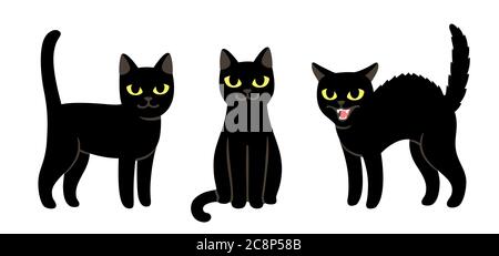 Cute black cat set. Sitting, standing and angry hissing. Simple cartoon drawing, isolated vector illustration. Stock Vector