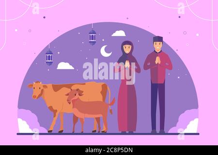 Eid Al Adha Illustration Background. Muslim People And Cattle And Goat Vector Stock Vector