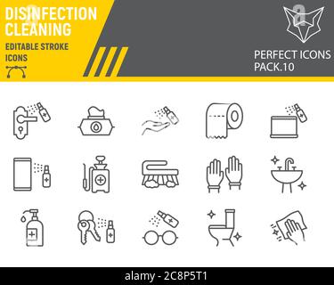 Disinfection line icon set, cleaning symbols collection, vector sketches, logo illustrations, hygiene icons, antibacterial cleaning signs linear Stock Vector