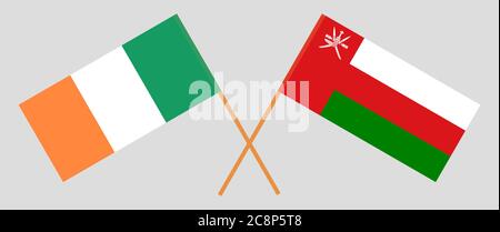 Crossed flags of Oman and Ireland. Official colors. Correct proportion. Vector illustration Stock Vector