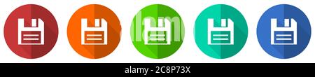 Disk icon set, save, red, blue, green and orange flat design web buttons isolated on white background, vector illustration Stock Vector