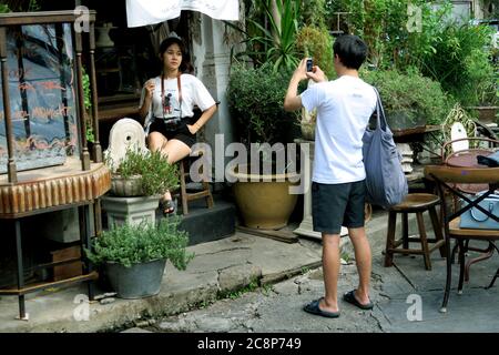 Young couple selfie-taking, Bangkok, Thailand Stock Photo