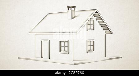 Traditional house cartoon with roof, chimney, windows, door of black outline, simple, isolated on white color rough paper background, texture, banner. Stock Photo