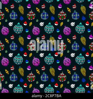 Beautiful seamless pattern with different christmas toys on black background Stock Vector