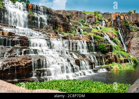 A waterfall in a popular tourist spot. A powerful stream of water along rocky ledges, cascading into a lake powdered with greenery. Long exposure shoo Stock Photo