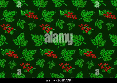Beautiful seamless pattern with red currant and green leaves on dark background Stock Vector
