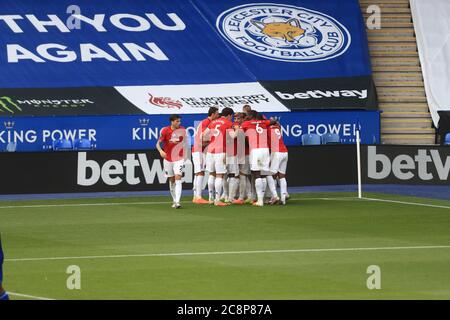 LEICESTER, UK. JUL 26TH Manchester United's Bruno Fernandes celebrates after scoring from the penalty spot during the Premier League match between Leicester City and Manchester United at the King Power Stadium, Leicester on Sunday 26th July 2020. (Credit: Leila Coker | MI News) Credit: MI News & Sport /Alamy Live News Stock Photo
