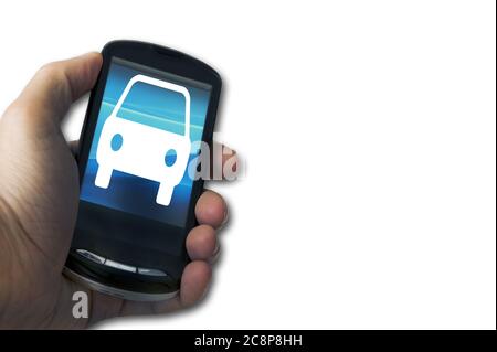 hand holding a smartphone with an icon for an app for car sharing Stock Photo