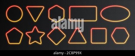 Neon gradient frames set, collection of red-yellow glowing borders isolated on a dark background. Stock Vector
